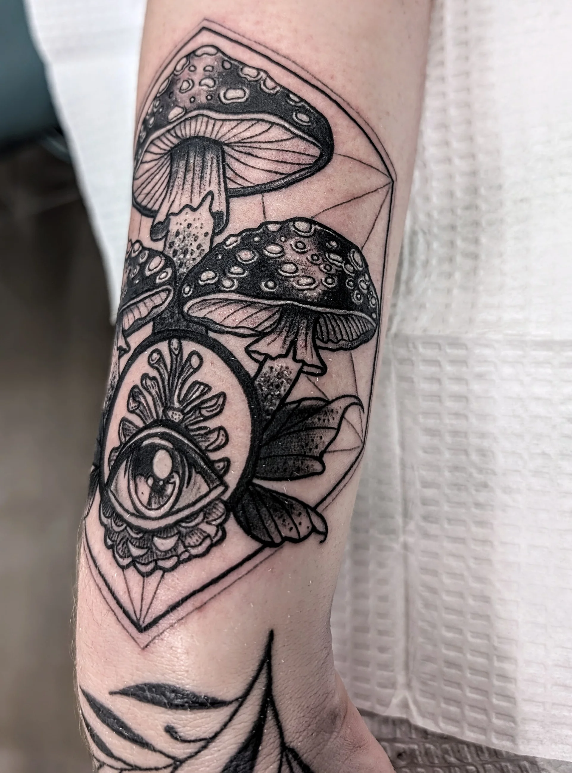 Mushroom Eye Geometric Lines - blackwork tattoo by Saskatoon tattoo artist