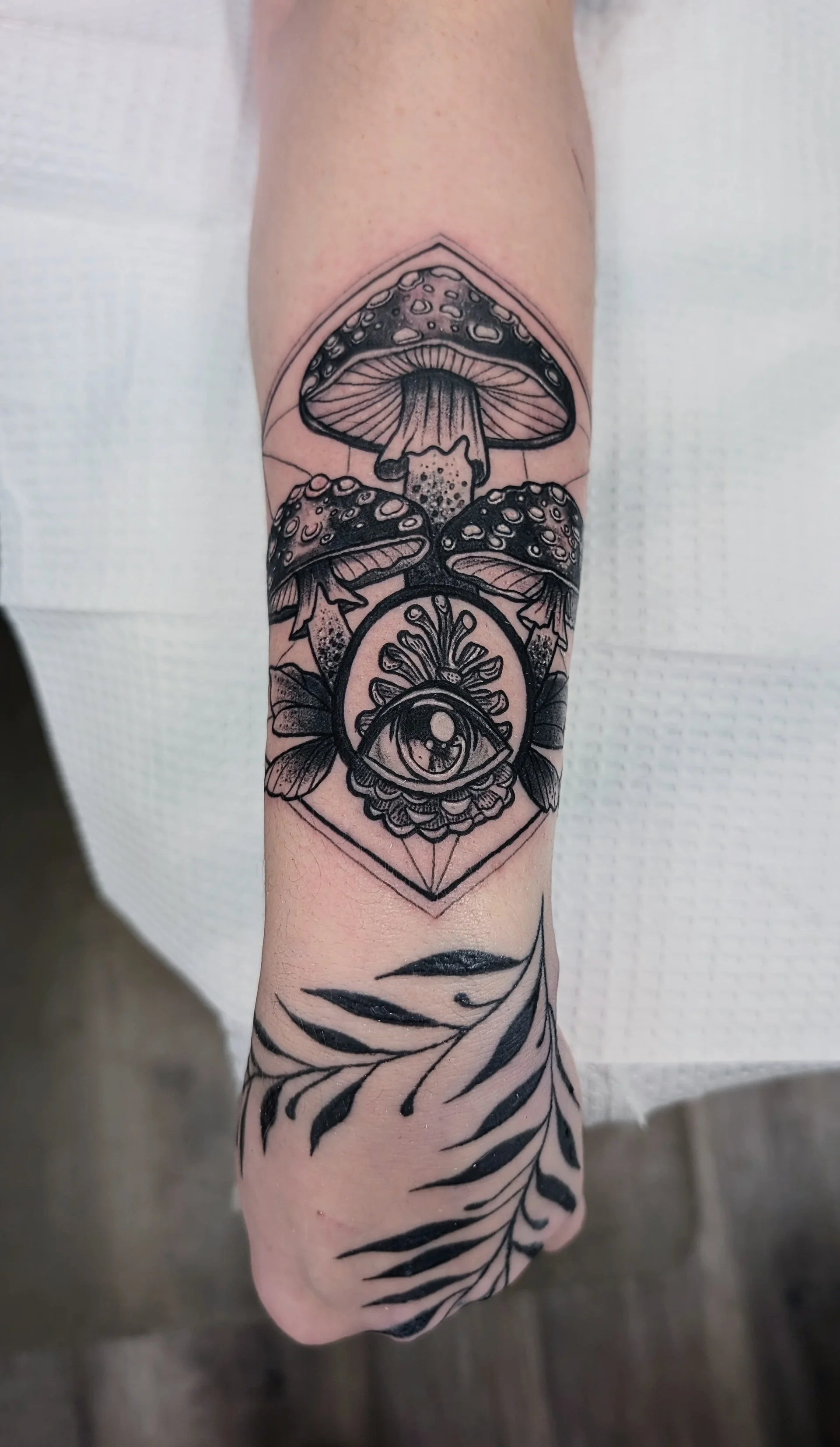 Mushroom Eye Triangle Closeup - blackwork tattoo by Saskatoon tattoo artist