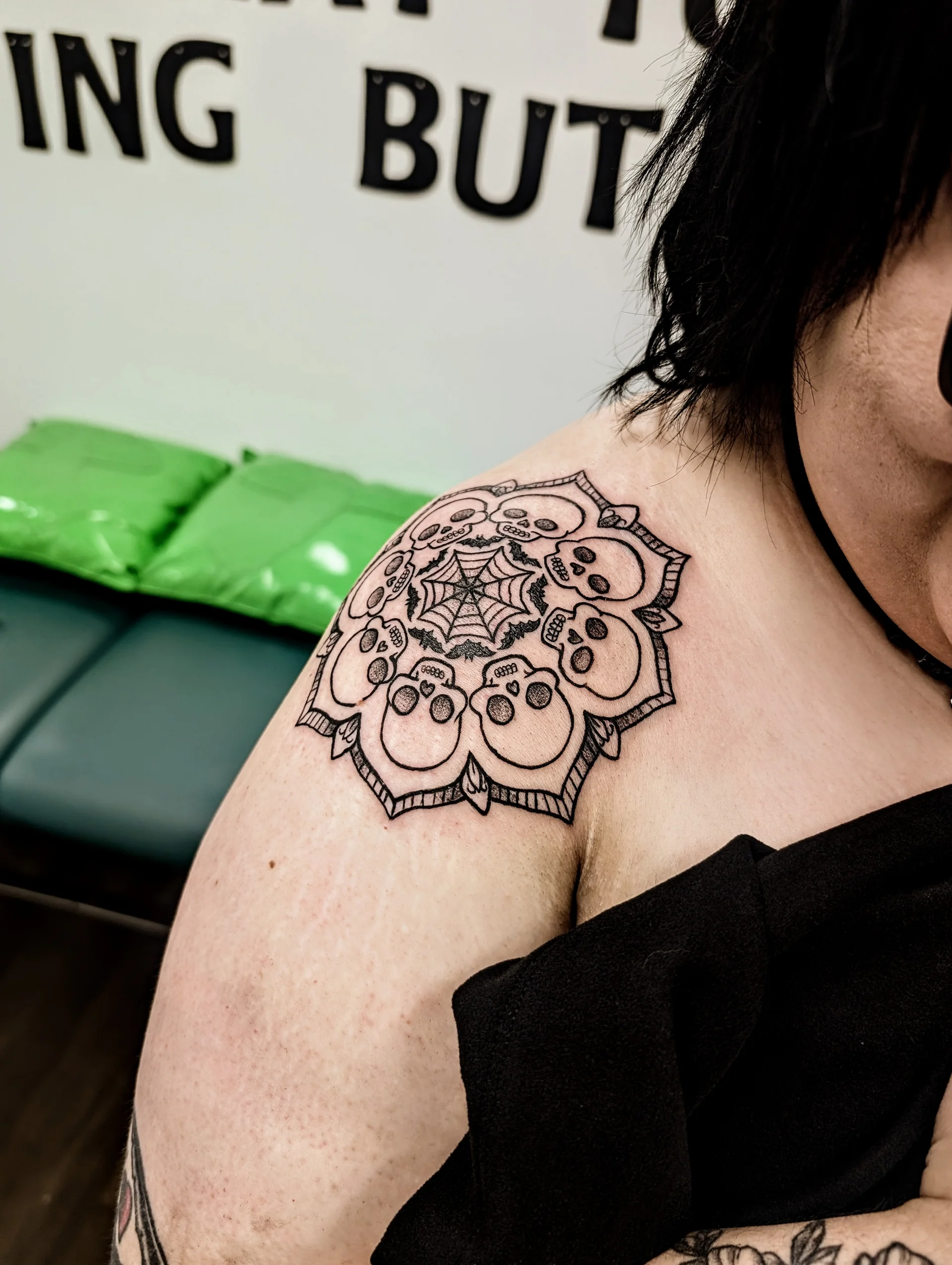 Skull Spiderweb Mandala Shoulder - geometric tattoo by Saskatoon tattoo artist
