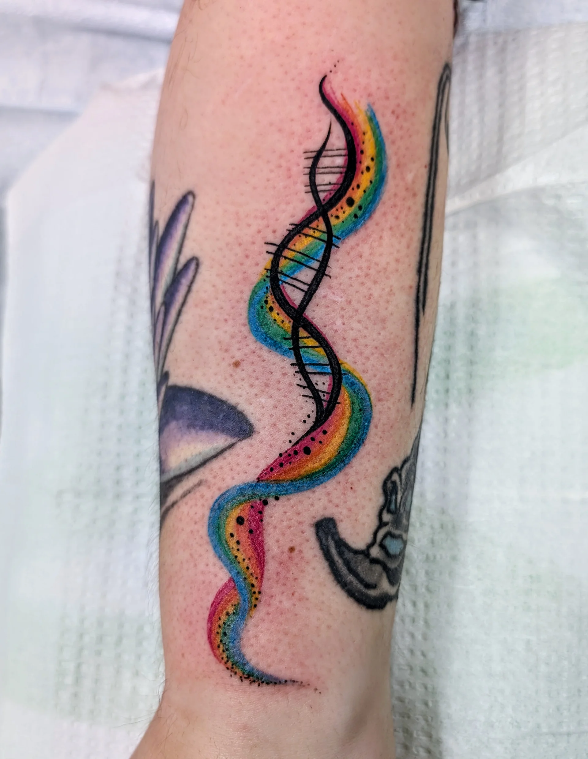 Rainbow Ribbon Dna Strand - illustrative tattoo by Saskatoon tattoo artist