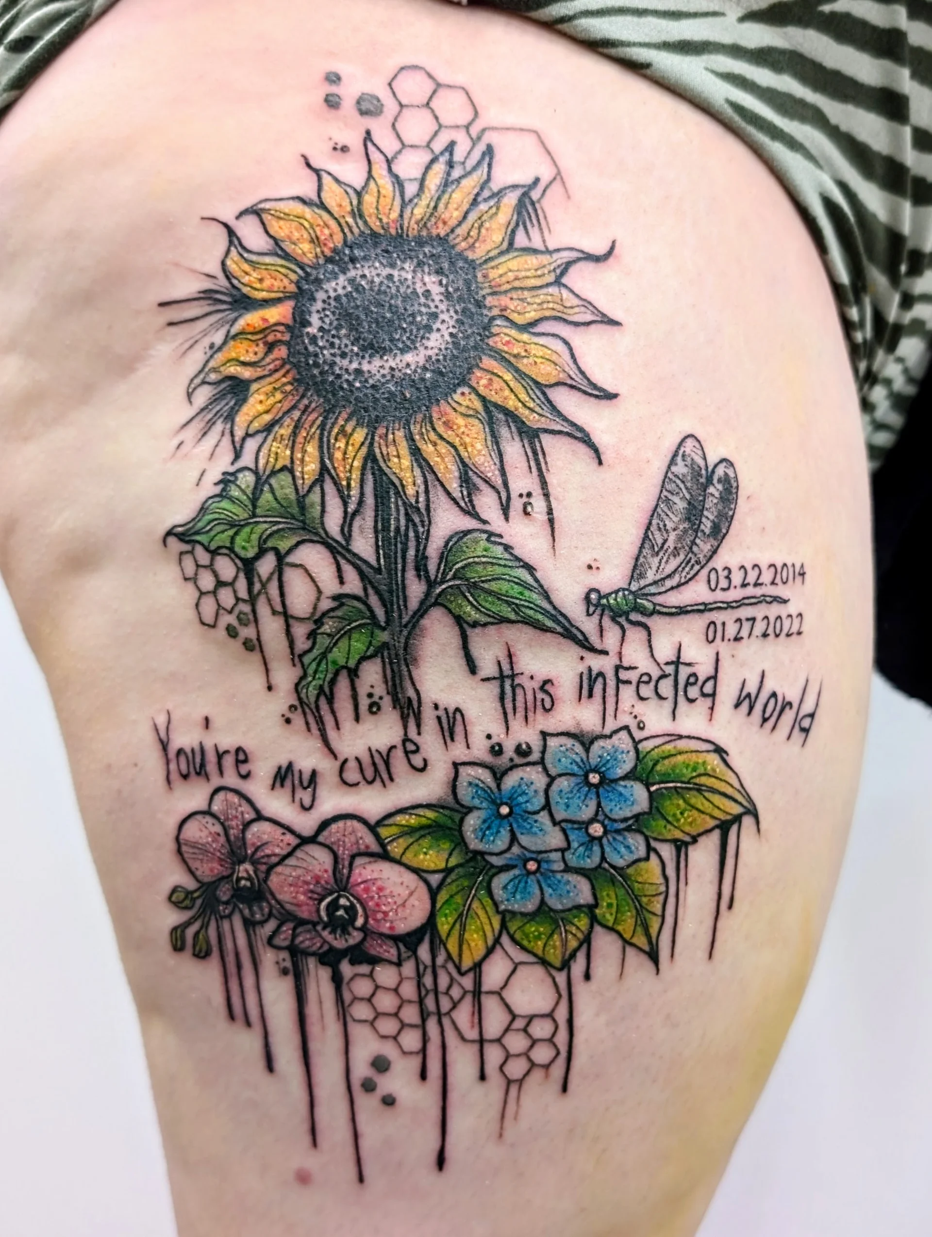 Sunflower Geometric Infected World Quote - illustrative tattoo by Saskatoon tattoo artist