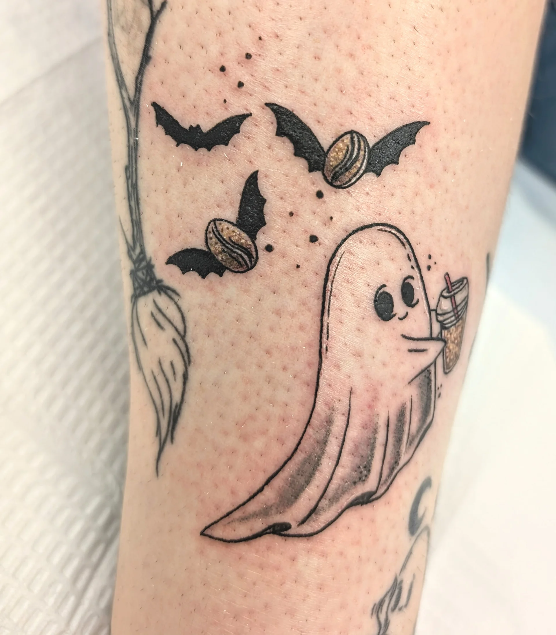 Ghosts Beverages Timbit Broomstick Bats Alt - new school tattoo by Saskatoon tattoo artist