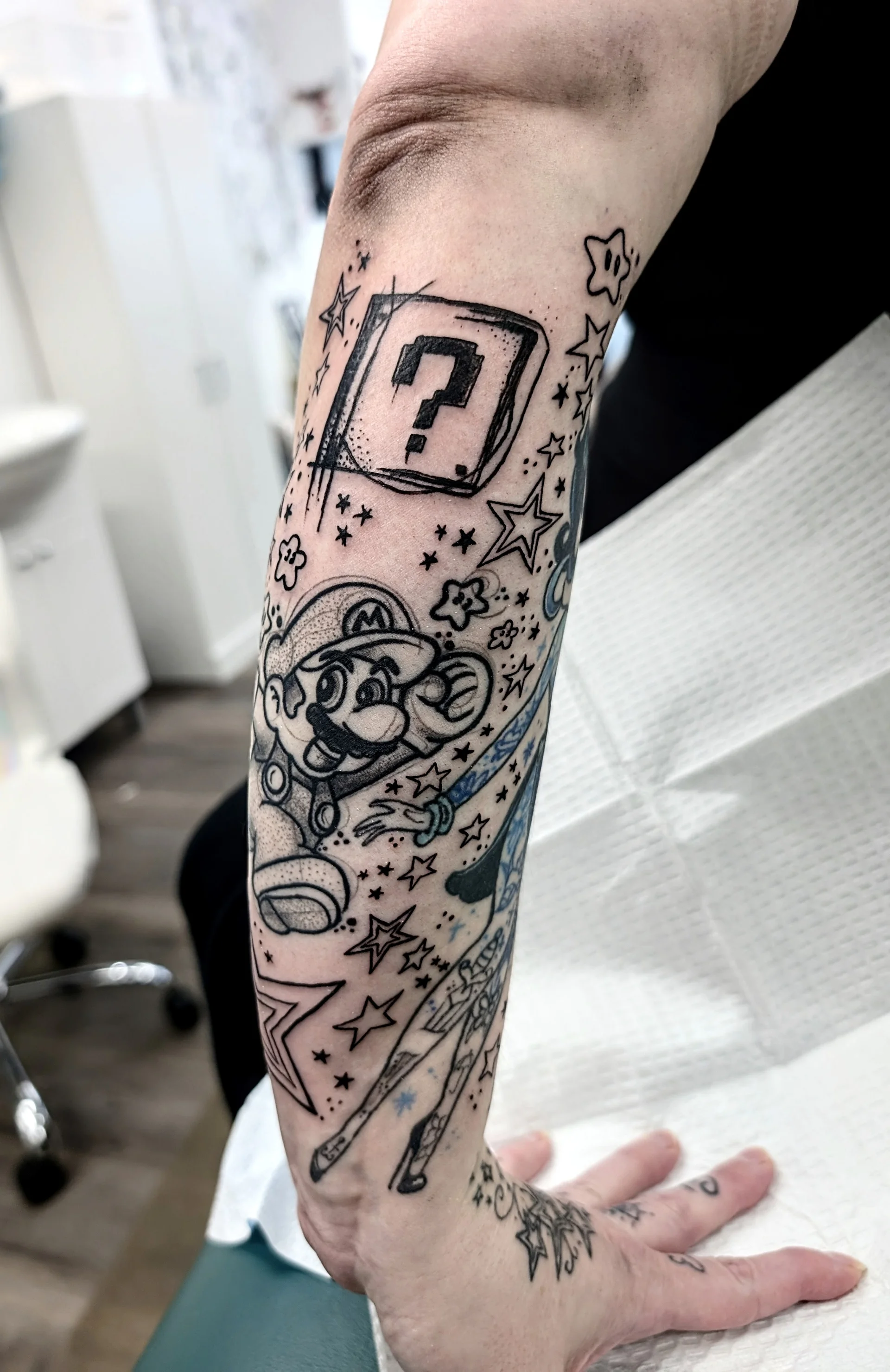 Mario Question Box Stars Outline - new school tattoo by Saskatoon tattoo artist
