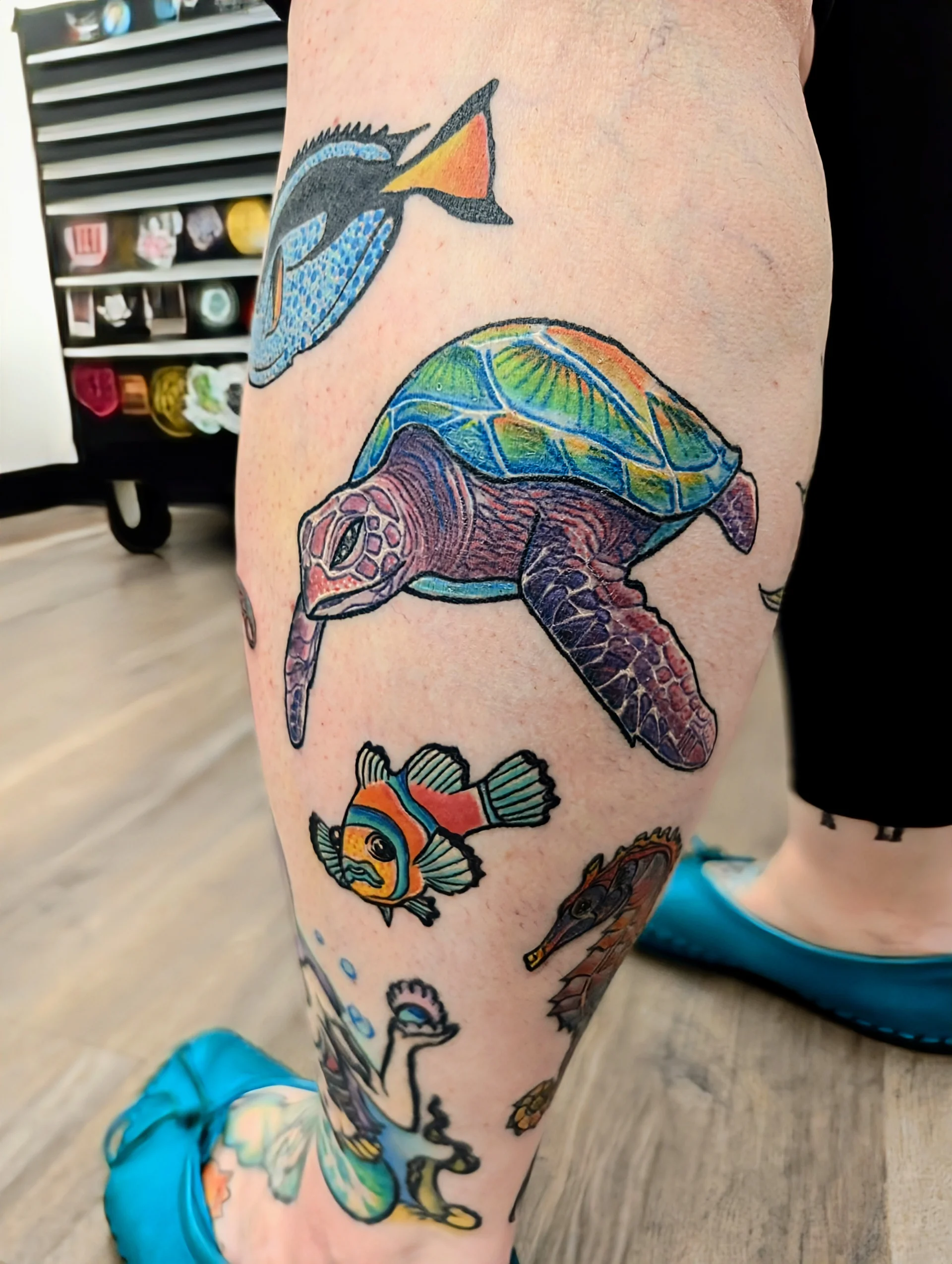 Rainbow Sea Turtle Ocean Scene - new school tattoo by Saskatoon tattoo artist