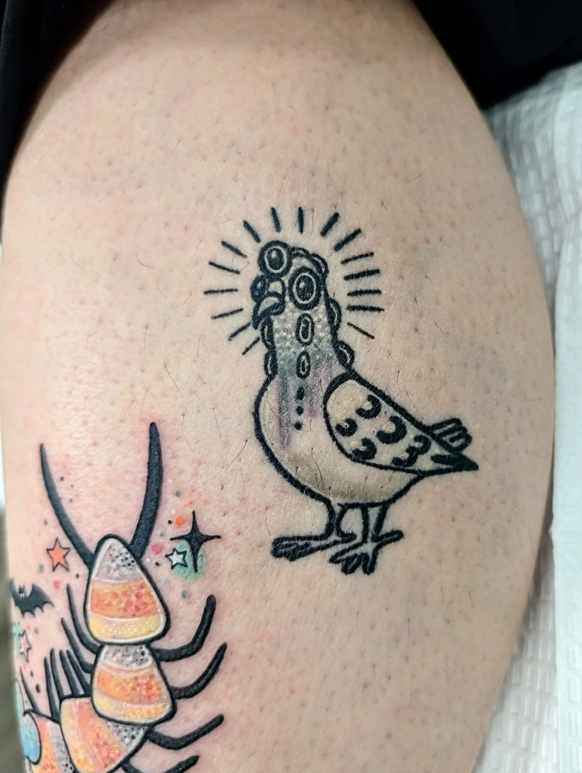 Three Eyed Melting Pigeon - psychedelic tattoo by Saskatoon tattoo artist